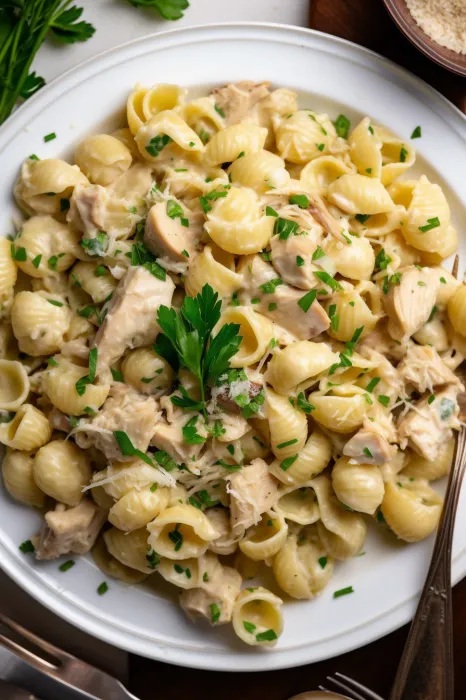 A plate of pasta with chicken and herbs.