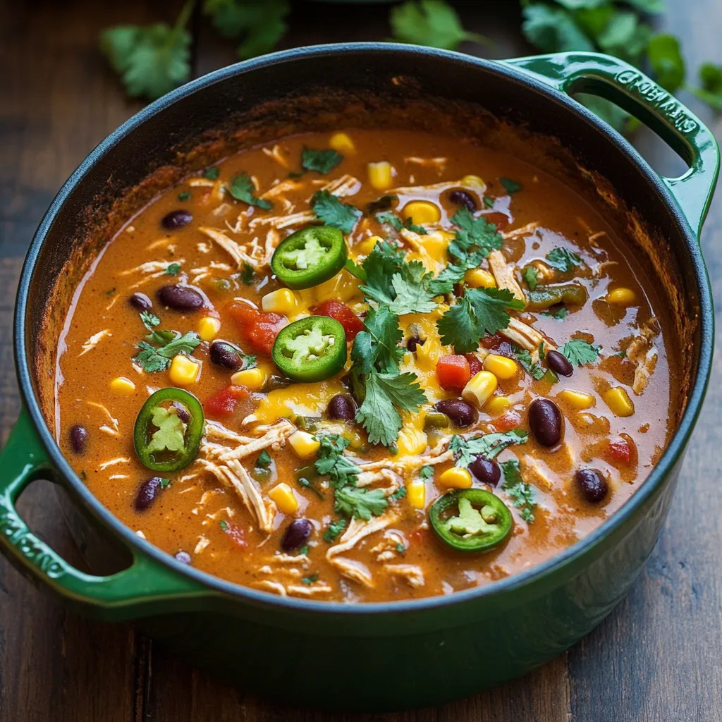 A bowl of chili with jalapenos and corn.