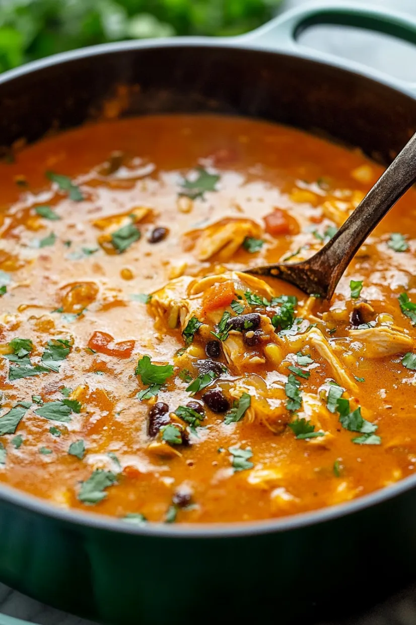 Soup in a bowl with a spoon inside.