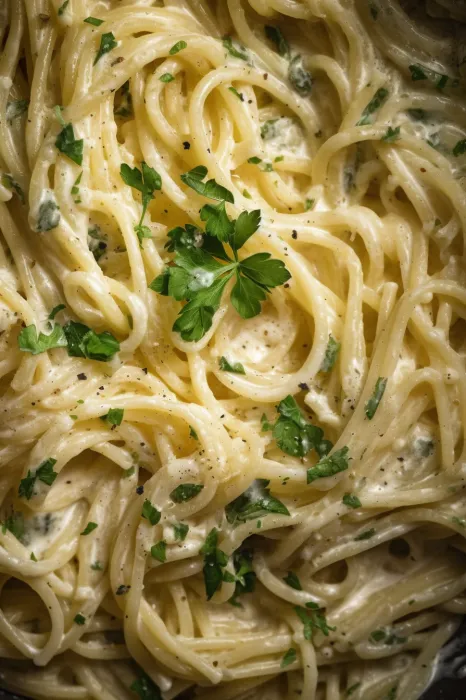 Pasta in a bowl with fresh green herbs sprinkled.