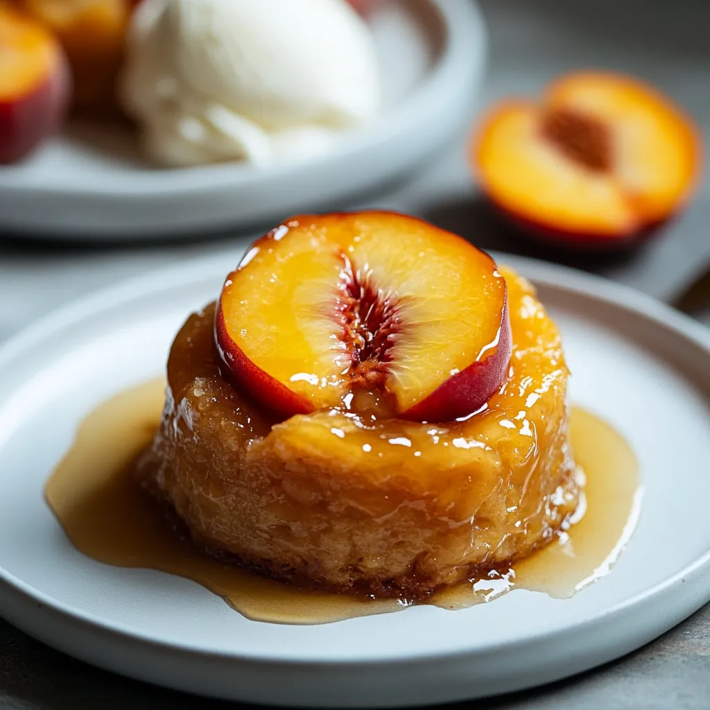 Caramelized peach cakes on a plate with melting ice cream.