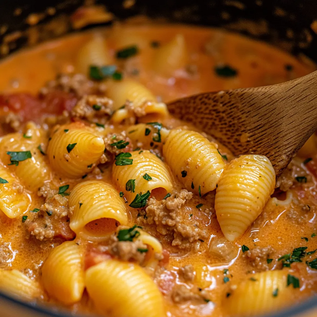 Wooden spoon dipping into cheesy pasta shells.