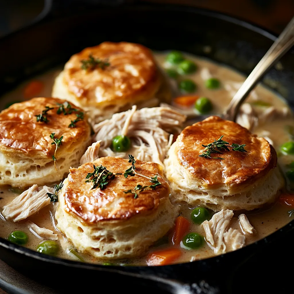 Chicken and veggies in broth, topped with biscuits.