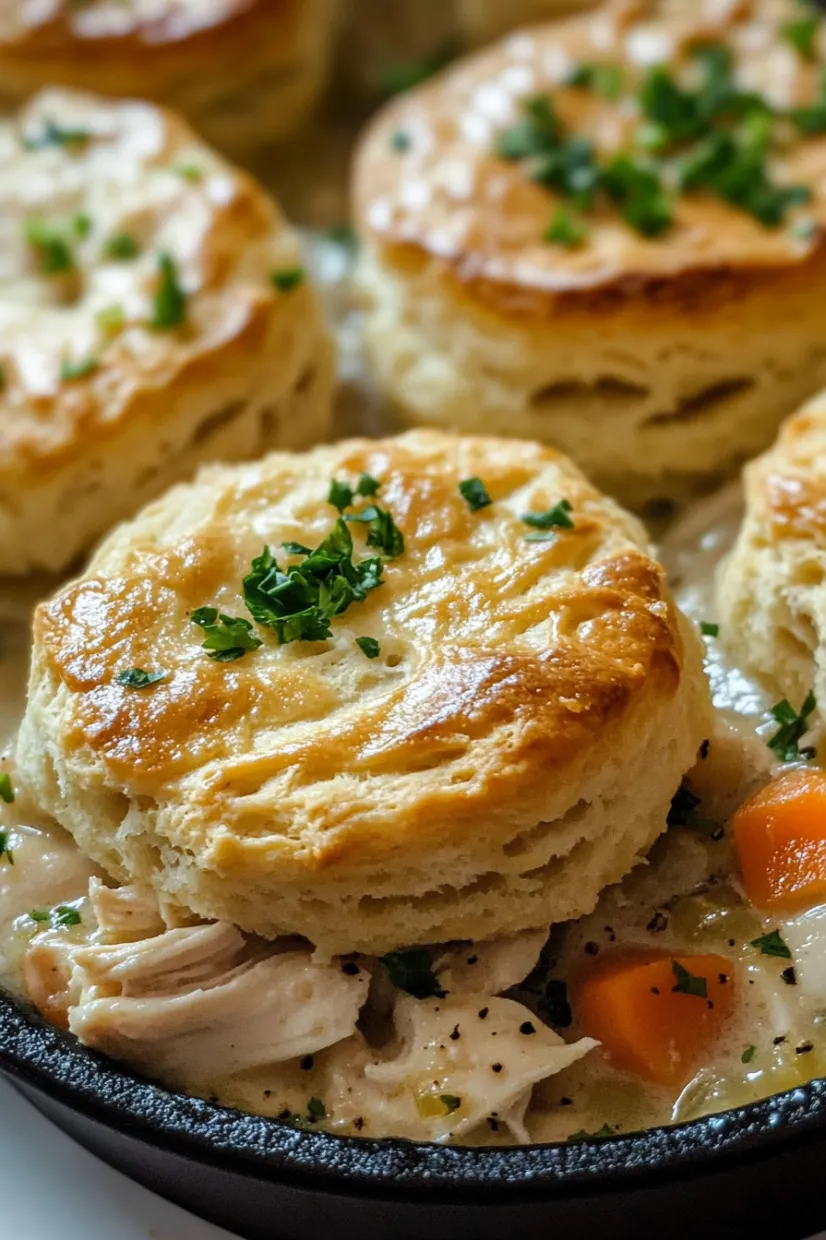 Biscuits and carrots sitting with chicken on a plate.