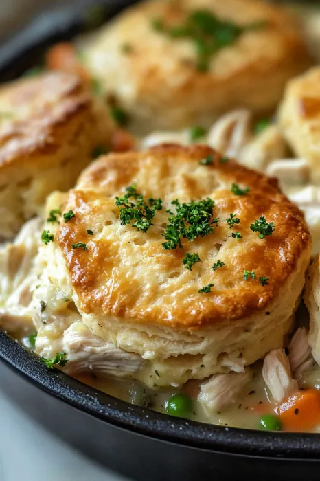 Close up shot of biscuit-topped chicken pot pie filling.