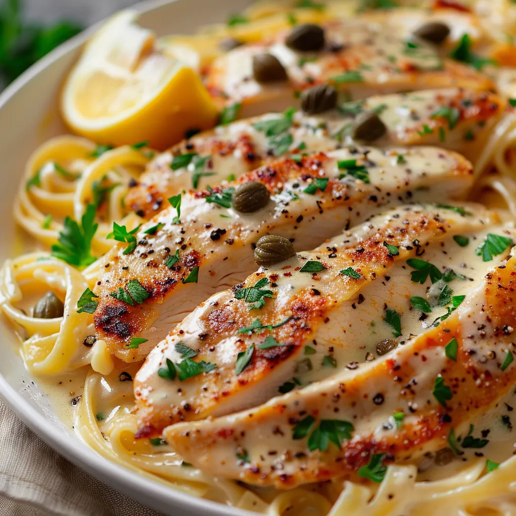 Chicken piled with lemon and olives on top.