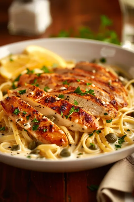A plate with chicken and noodles.