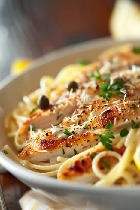A plate with chicken and pasta.