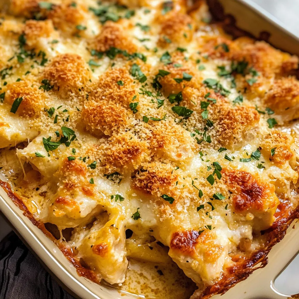 Cheesy golden pasta and chicken layers all together in a baking dish.