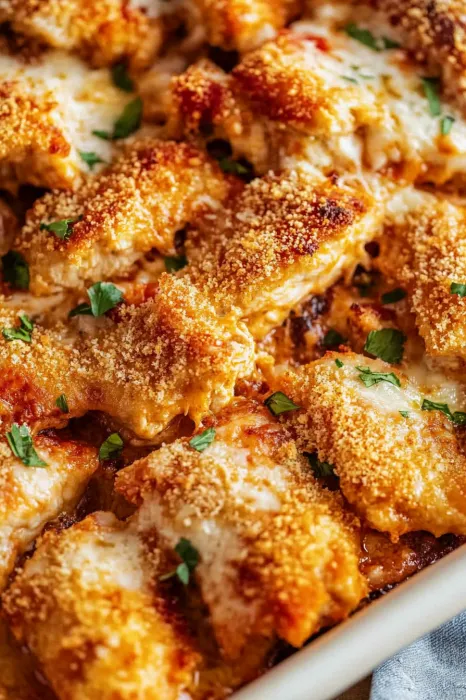 A plate loaded with cheesy chicken pasta topped with fresh herbs.