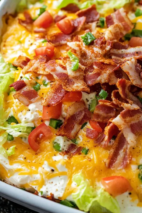 Topping of bacon and tomatoes over a cheesy tomato bake.