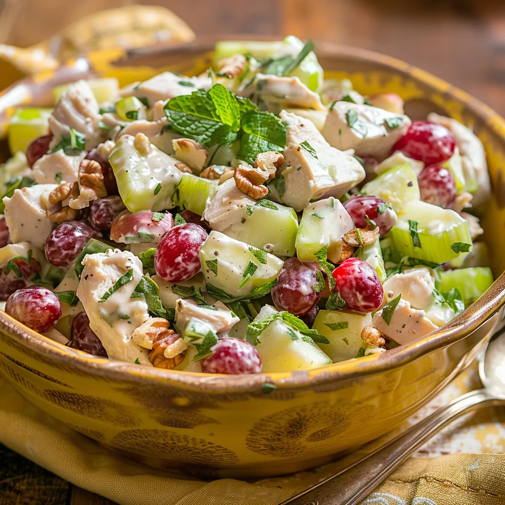 Bowl full of chicken salad with a spoon.