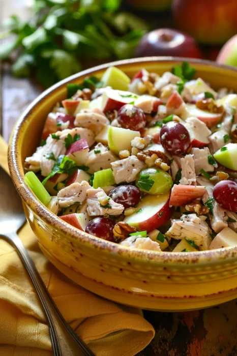 A bowl of food with chicken, apples, and grapes.
