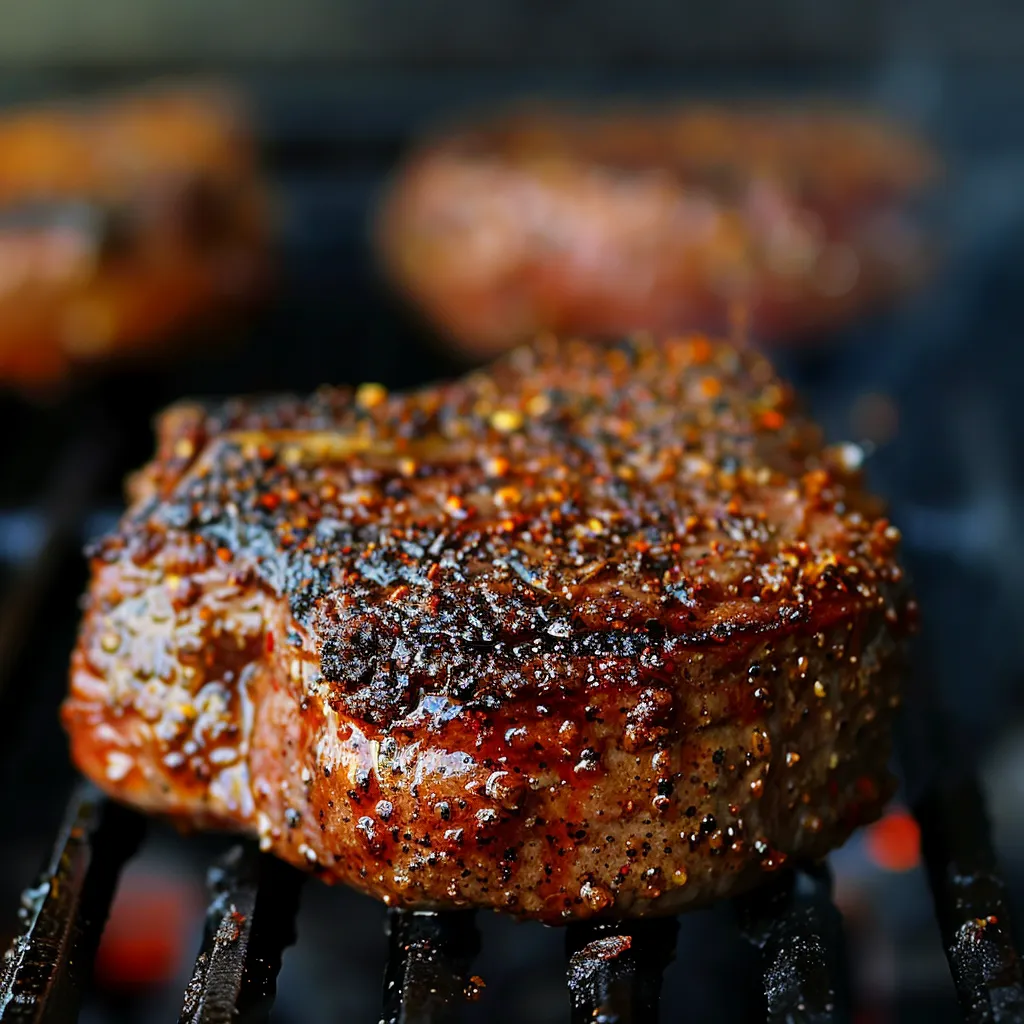 A juicy piece of meat on a hot grill, close up.