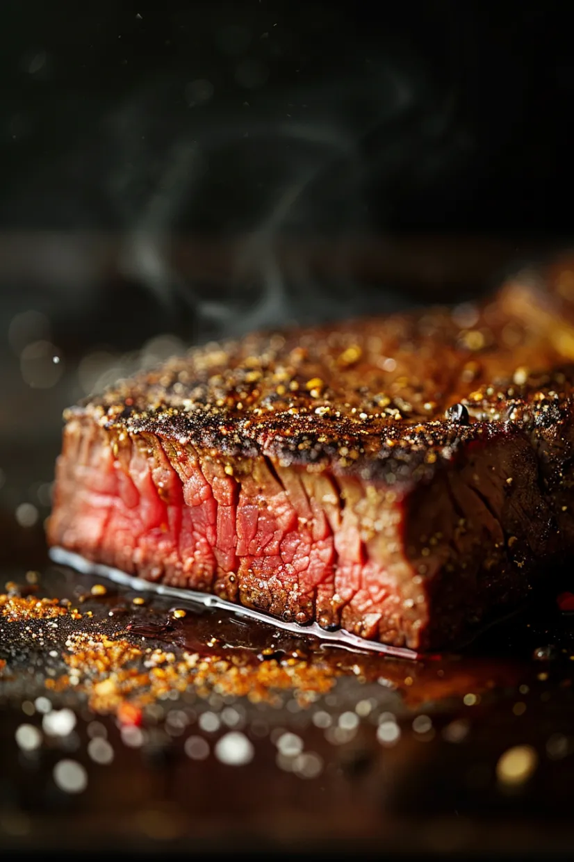 Close-up shot of steak with smoky steam rising.