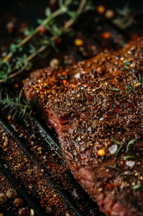 A grilled steak cooking over hot grates.