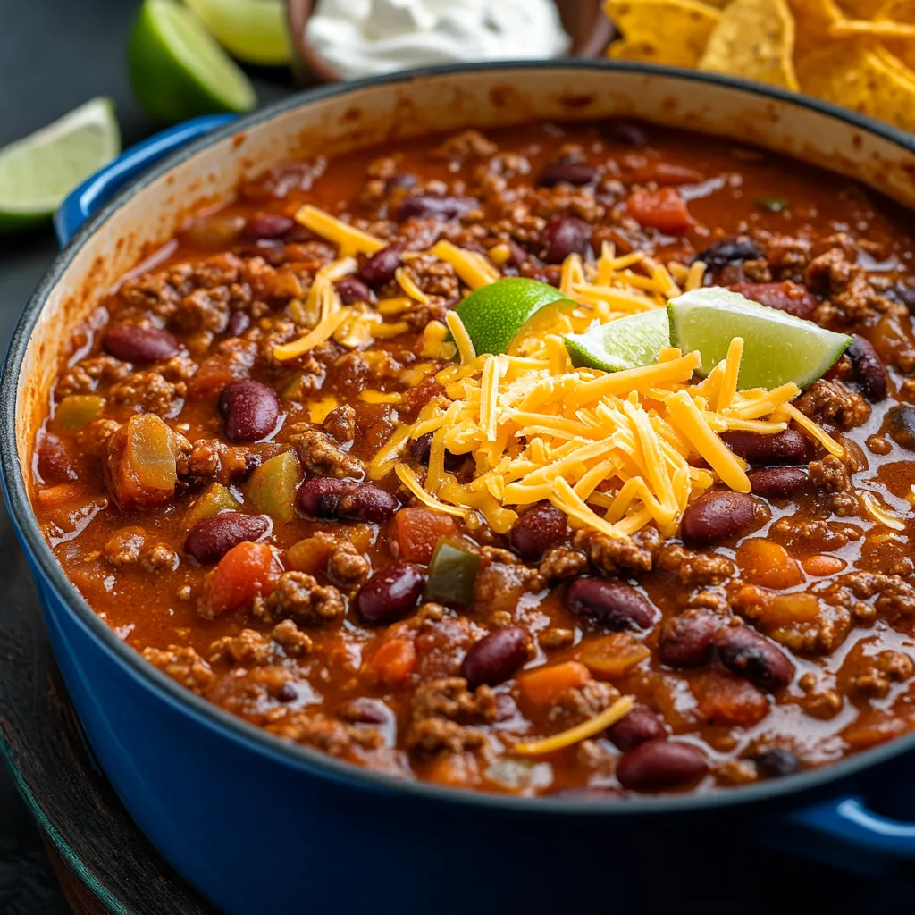 Chili in a bowl with melted cheese and lime wedges.