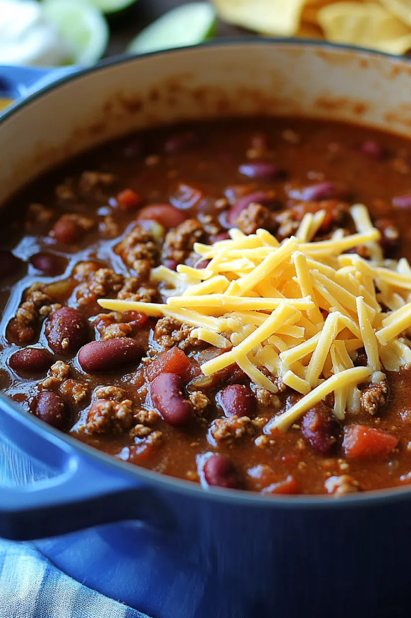 A bowl of chili with cheese on top.