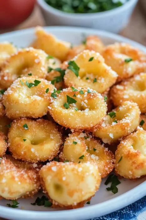 Cheesy pasta bites in a bowl with herbs.