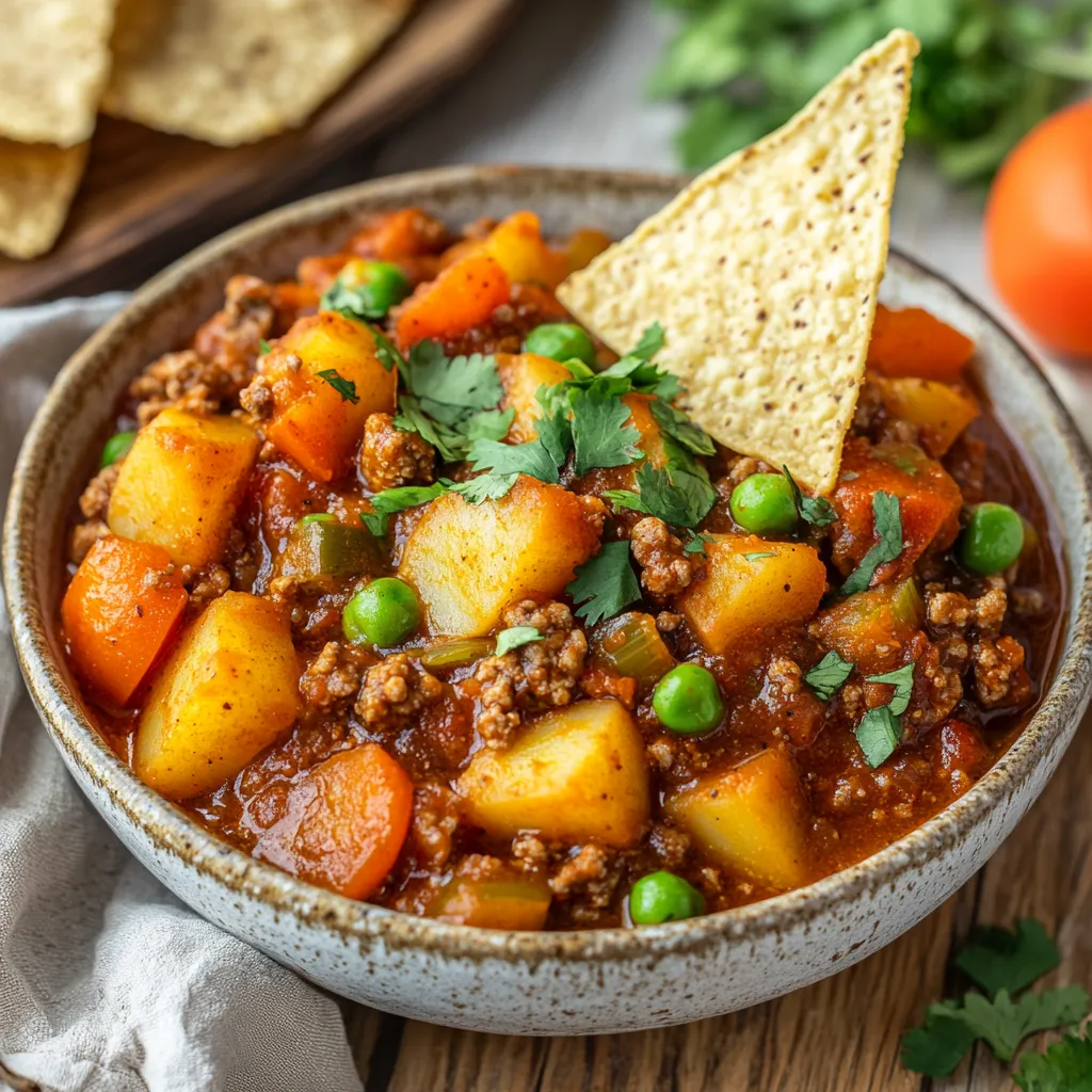 Steaming bowl with beefy Mexican stew, topped with a tortilla chip.