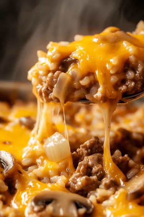A spoon sits in a full bowl of cheesy food.