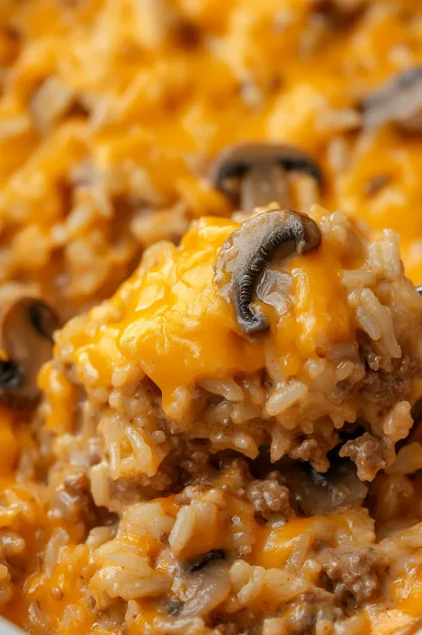 Zoomed-in look at a mushroom on cheesy rice.