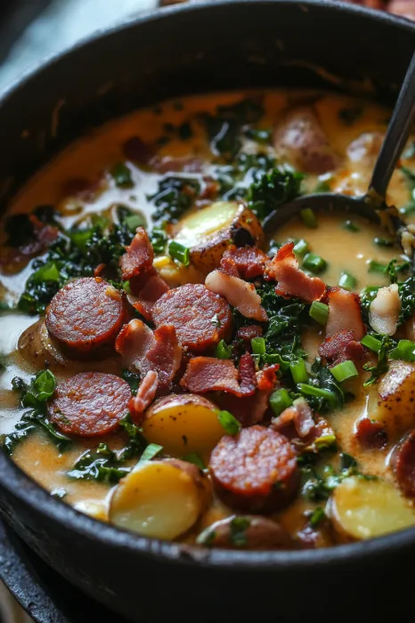 A bowl of soup with sausage and broccoli.