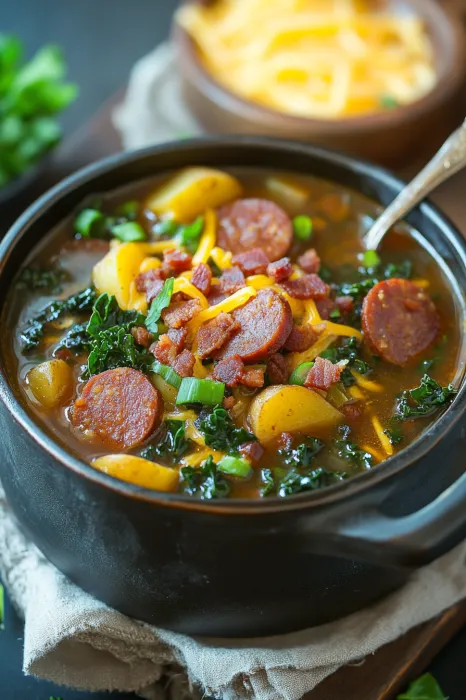 A bowl of soup with a sausage and vegetables.