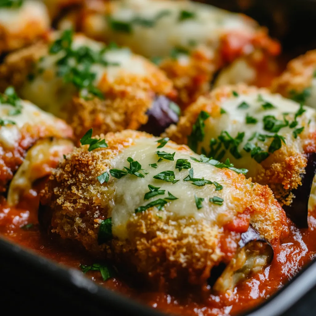 A bubbling cheesy eggplant dish with scattered herbs.
