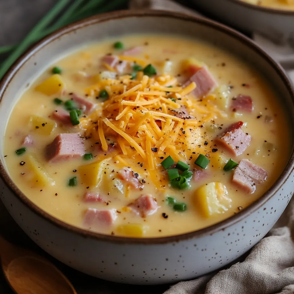 A bowl filled with ham and cheesy potato soup.