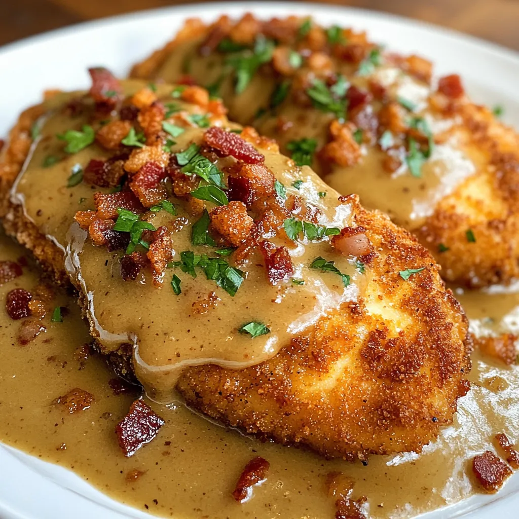 Chicken smothered with creamy bacon gravy.