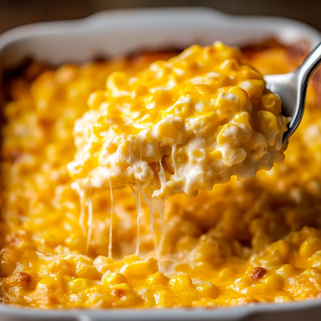 A spoon dips into cheesy baked corn.