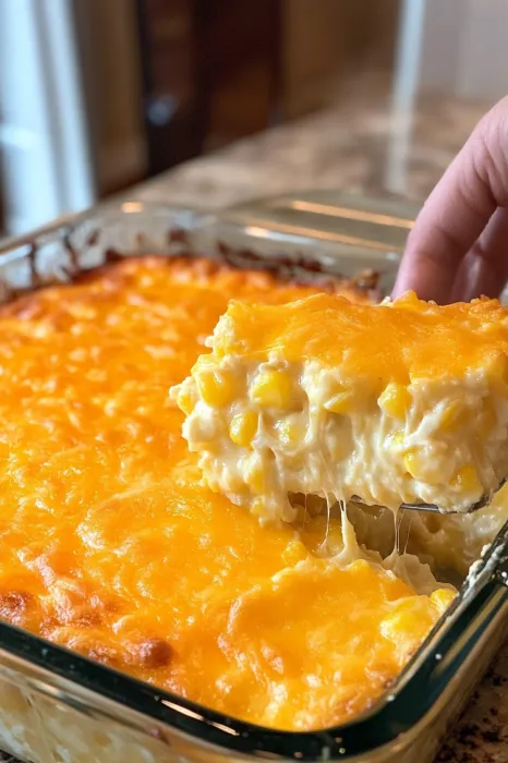 Someone holding a spoonful from baked corn casserole.