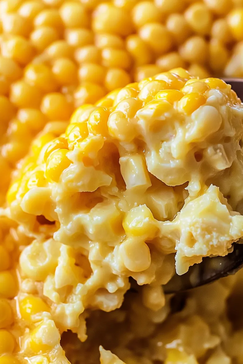 Corn being scooped up with a spoon.