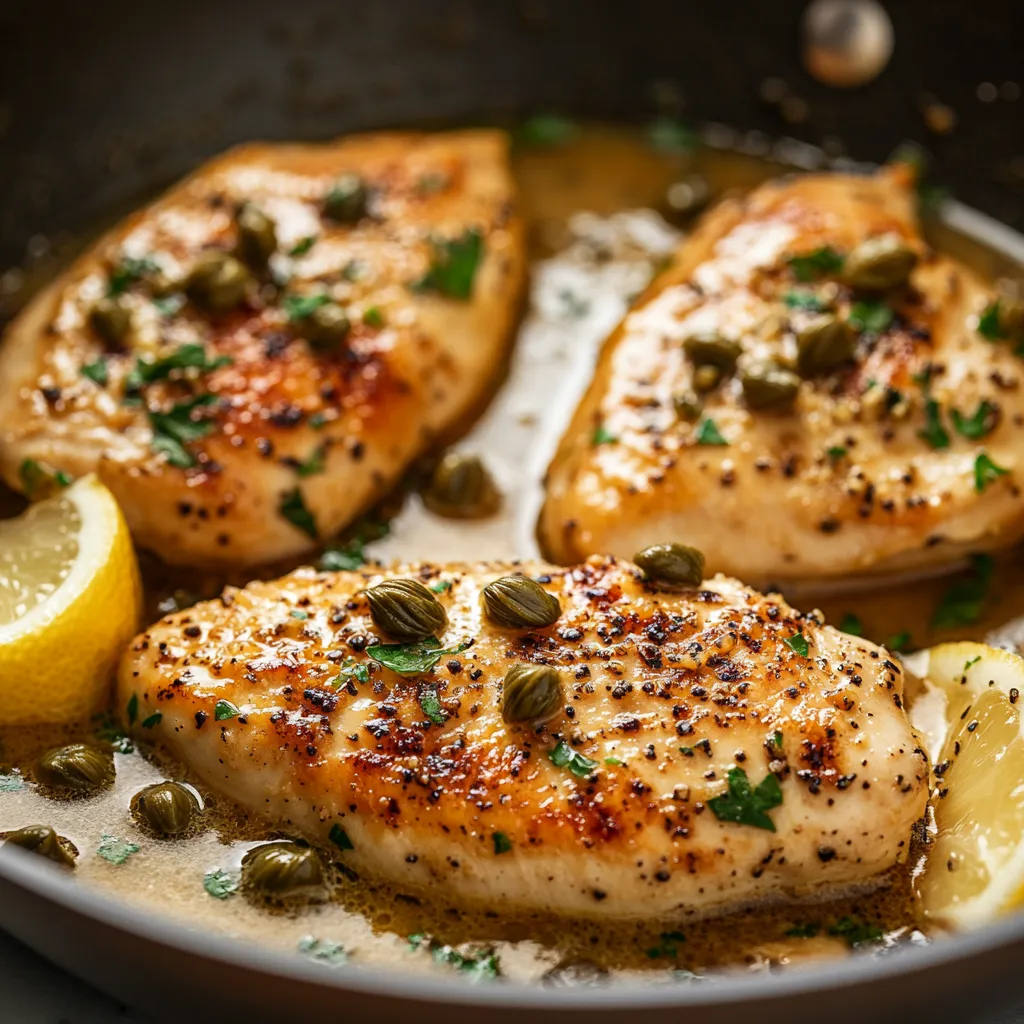Chicken plated with lemon slices and fresh herbs.