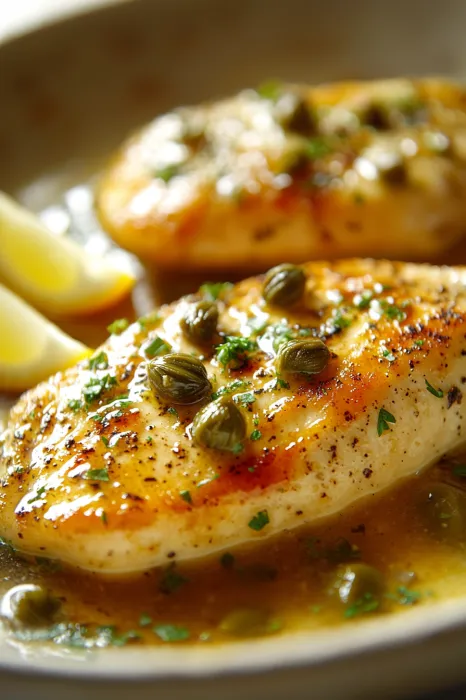 Cooked chicken topped with a lemon wedge.