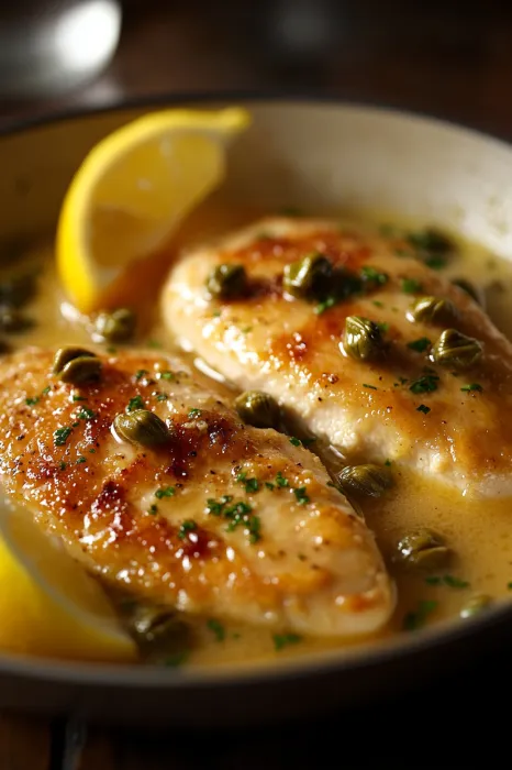 Chicken in a bowl with slices of lemon.