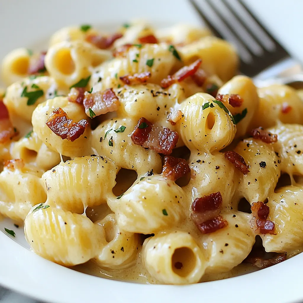 Pasta topped with bacon on a plate.