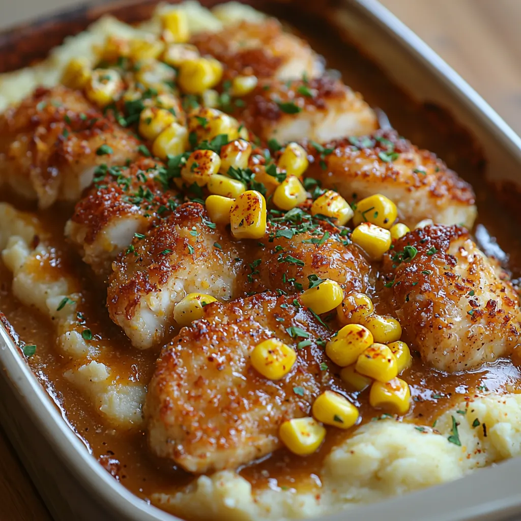 Corn and chicken tucked into a cozy casserole dish.