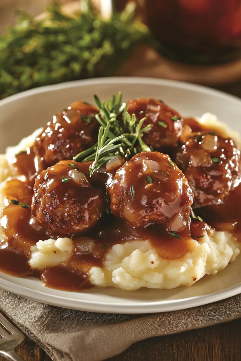 A plate loaded with meatballs covered in gravy.