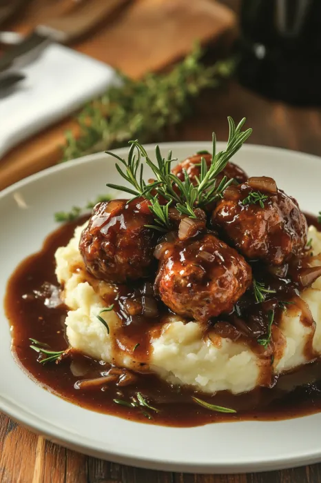 A dish piled with meatballs swimming in sauce.