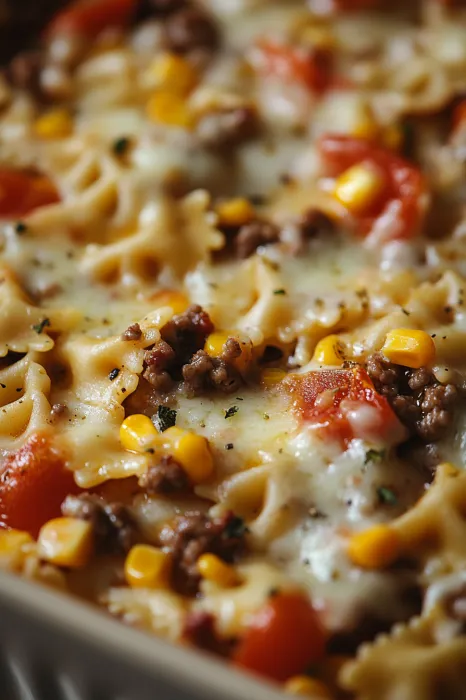 Close-up view of pizza covered with tomatoes, yellow corn, and noodles.