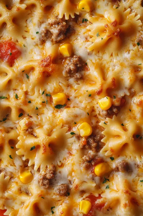Close-up shot of pizza loaded with beef and sweet corn.