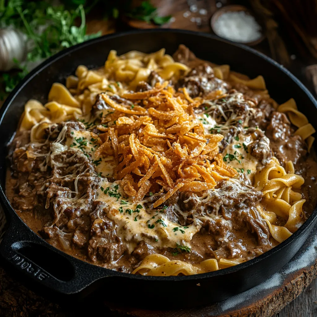 Pasta with beef and cheese in a bowl.