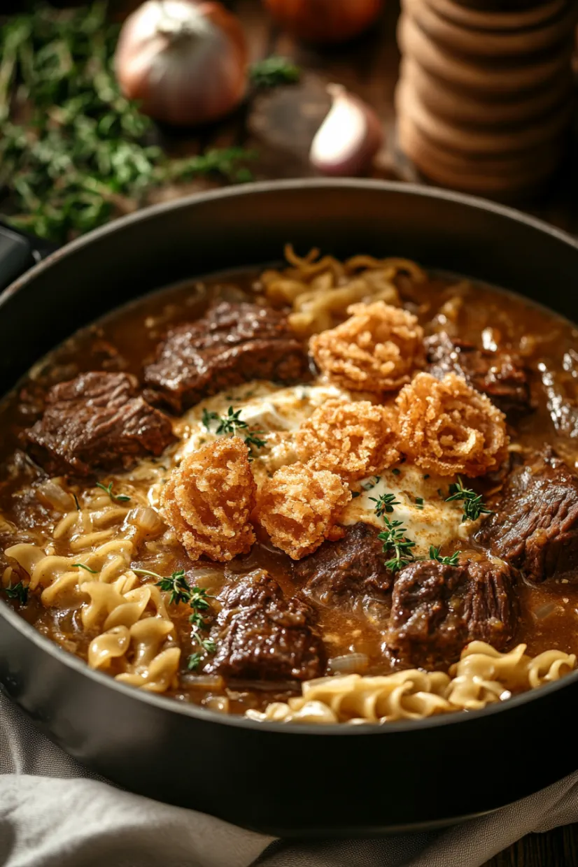A bowl filled with beef and onions.