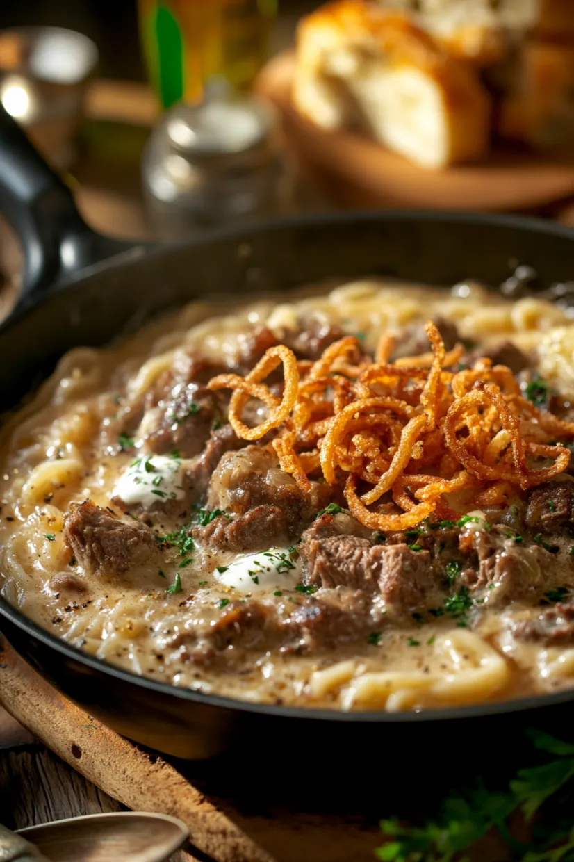 A bowl of noodles topped with crispy fried onions.