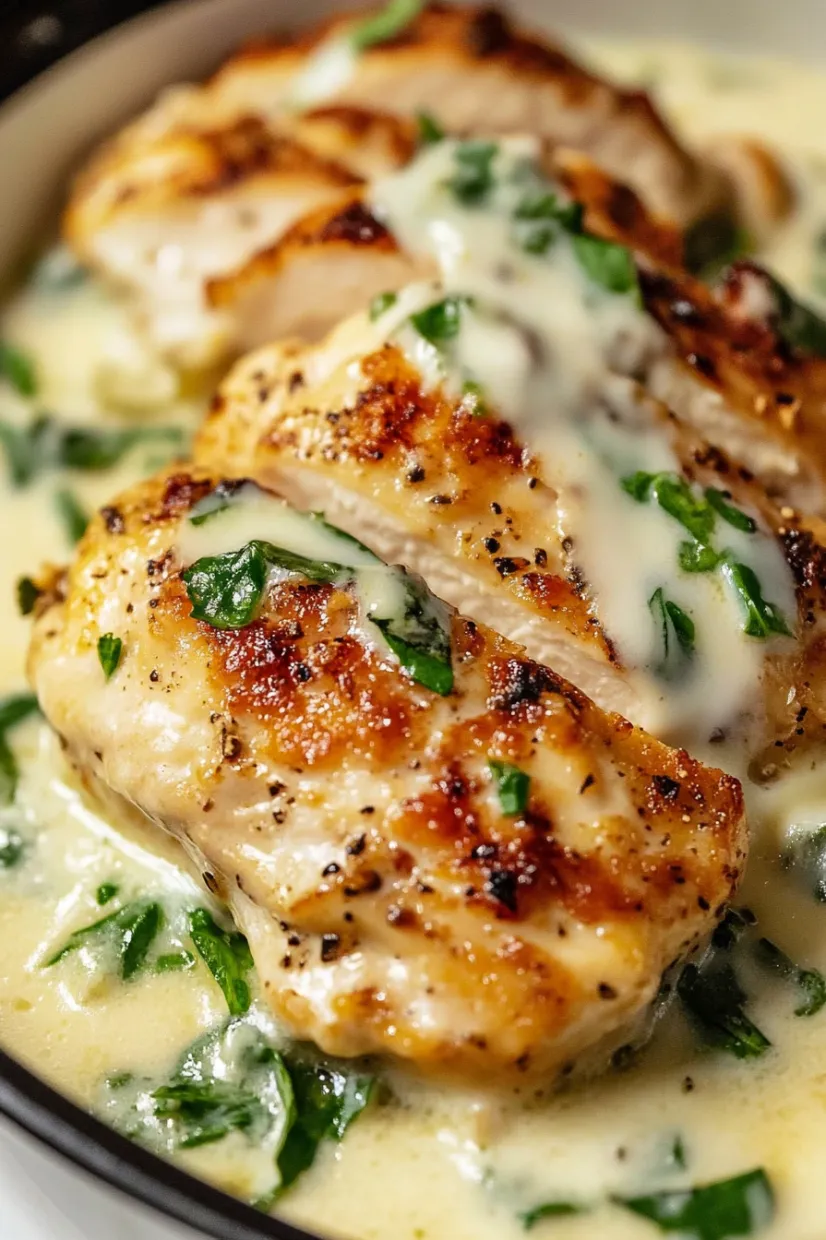 Chicken with creamy sauce and herbs on top.