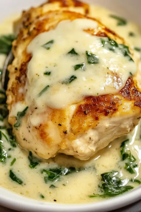 A cheesy golden chicken piece with green herbs scattered on top.