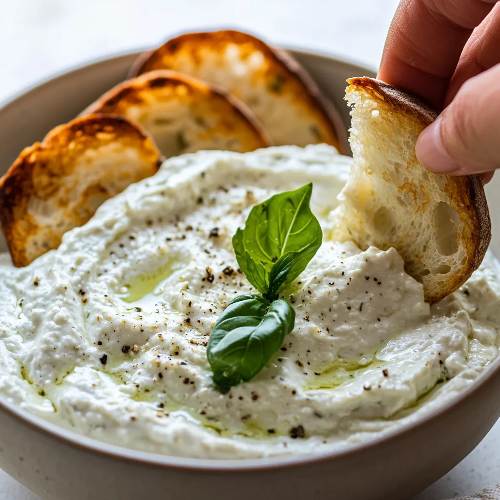 Someone grabs a bread piece from a bowl of creamy dip.