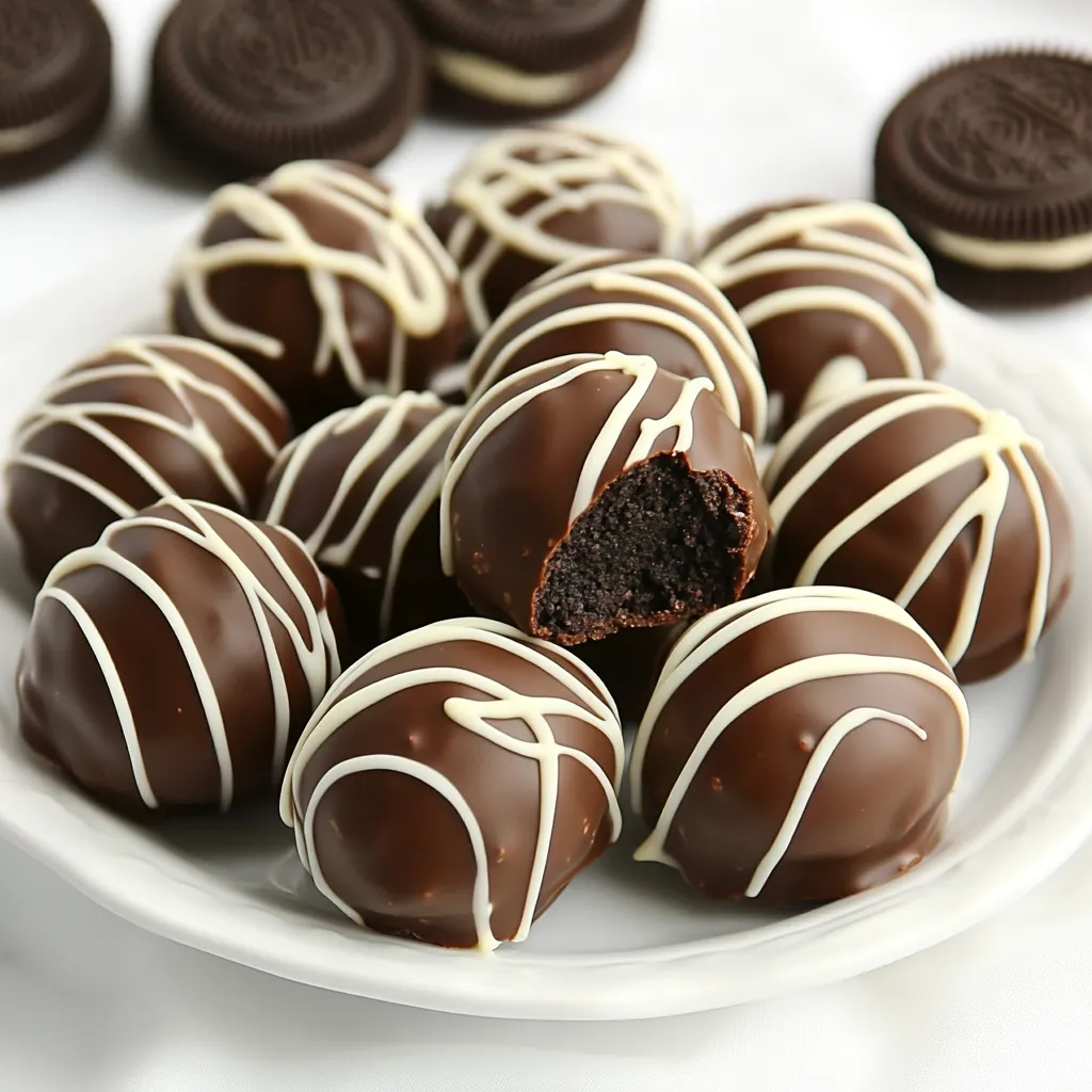 A plate stacked with Oreo truffles dunked in chocolate.